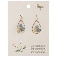 Load image into Gallery viewer, Cottage Blue Dried Flower Gold Teardrop Earrings