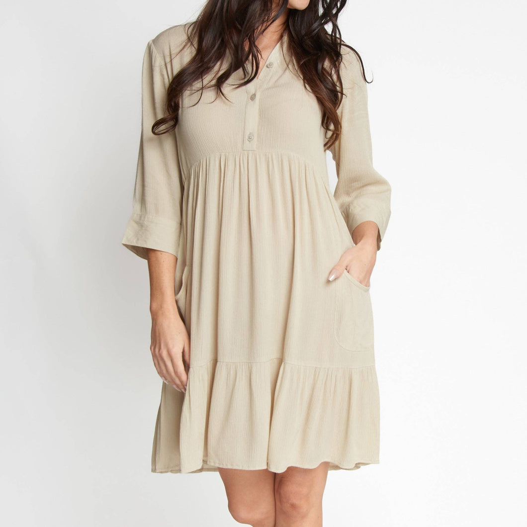 Rayanne 3/4 Sleeve V-Neck Mid-Length Tiered Dress Parchment / Medium Rayanne 3/4 Sleeve V-Neck Mid-Length Tiered Dress Parchment / Medium