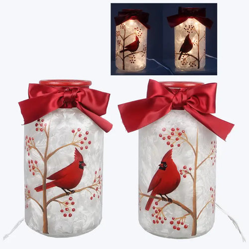 Hand Painted Glass Lamp with Cardinal Design