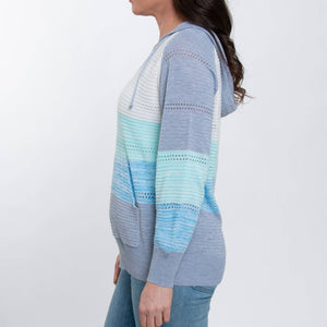 Avalon Crochet Ocean Color Block Hooded Pullover