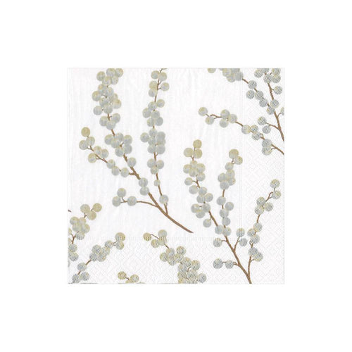Berry Branches Paper Cocktail Napkins in White & Silver - 20 Per Package