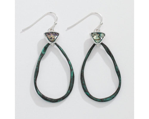 Hammered patina teardrops with abalone accent earrings