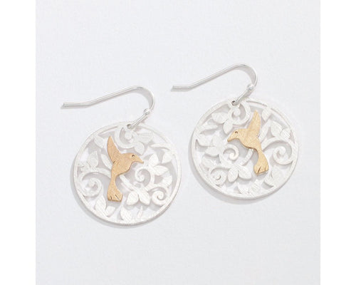 Brushed two-tone hummingbird scene cutout earrings