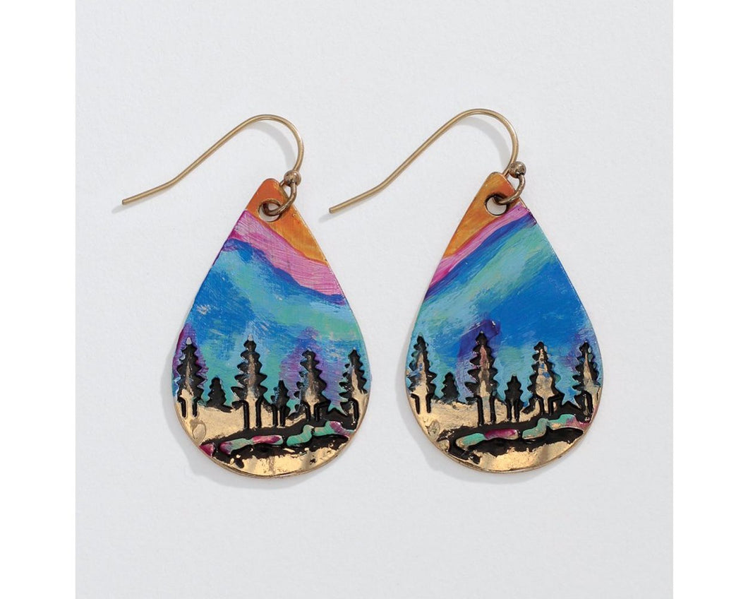 Painted mountain sunset with gold trees earrings