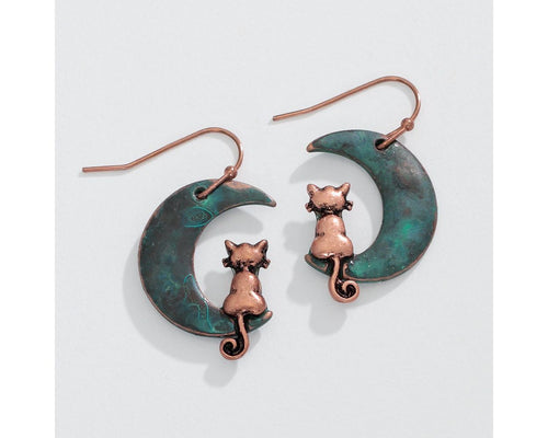 Copper cats on patina moon earrings
