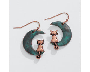 Copper cats on patina moon earrings