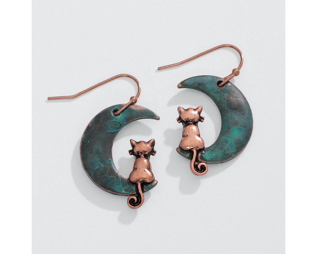 Copper cats on patina moon earrings