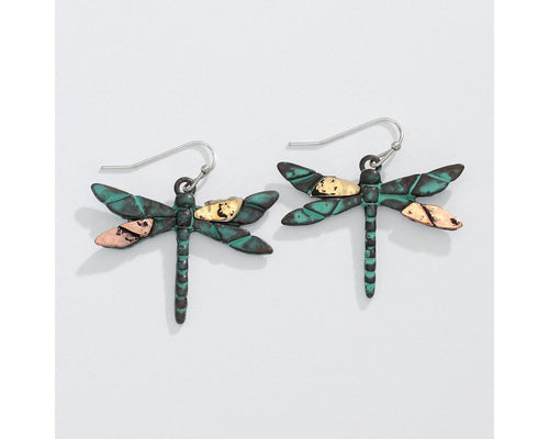 Two-tone and patina dragonflies earrings