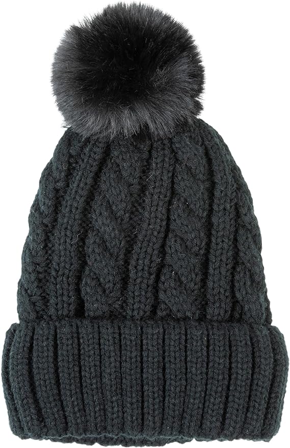 Black Knitted Beanie Hat with Pom-Pom Women Teen Girls OS Cables Winter Fall Simplicity Beanie for Women Winter Cable Knit Pompom Ski  main image 4