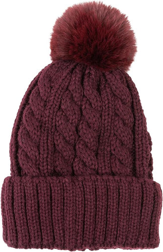 Cable Knit Pom Lined Beanie Hat for Women