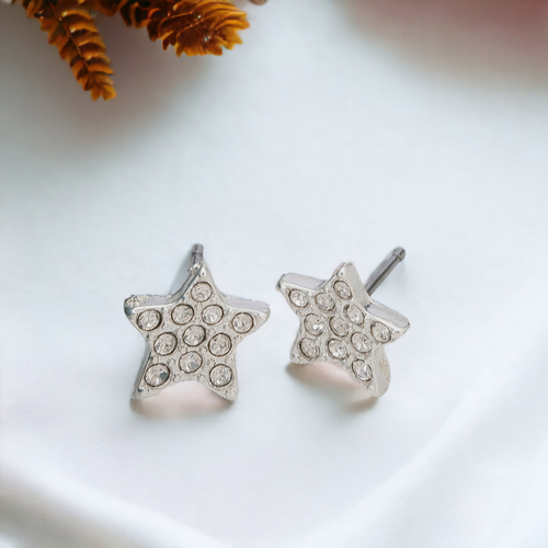 Silver Pave Stone Star Ear Sense Stud Earrings