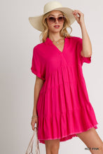 Load image into Gallery viewer, Linen Blend Short Folded Sleeve V-Neck Collared Ruffle Tiered Dress with Frayed Hem