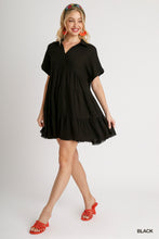 Load image into Gallery viewer, Linen Blend Short Folded Sleeve V-Neck Collared Ruffle Tiered Dress with Frayed Hem