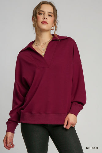 Boxy Cut Long Sleeve Polo Merlot