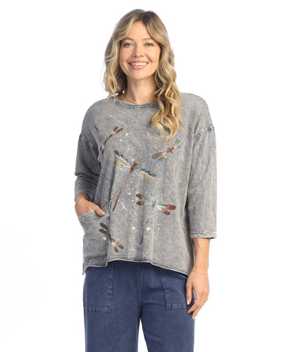 Mineral Washed Drop Shoulder Top With Thermal Pocket - MID FAIRY DUET