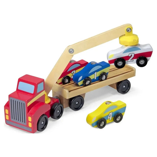 Melissa & Doug Magnetic Car Loader Wooden Toy Set With 4 Cars and 1 Semi-Trailer Truck