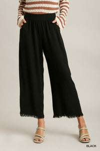 Linen Blend Elastic Waistband, Wide Leg Pants, Side Pockets, & Frayed Hem Bottoms