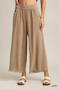 Linen Blend Elastic Waistband, Wide Leg Pants, Side Pockets, & Frayed Hem Bottoms