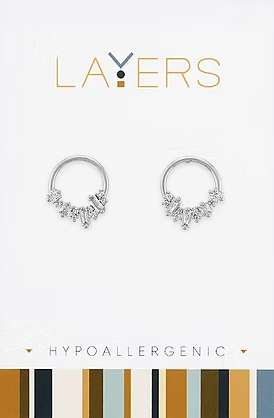 Silver Crystal Cluster Hoop Stud Layers Earrings