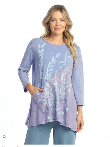 MINERAL WASHED 100% COTTON TUNIC TOP W/ ASYMMETRIC LINEN CONTRAST AND PATCH POCKET