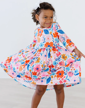 Colorful Carnations 3/4 Sleeve Pocket Twirl Dress