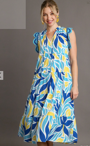 Printed Tiered A-Line Maxi Dress with Crochet Detailed Sleeves