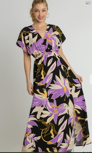 Floral Print A-Line Maxi Dress with Side Slit, Overlap Front Button & Back Tassel Tie