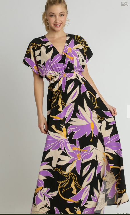 Floral Print A-Line Maxi Dress with Side Slit, Overlap Front Button & Back Tassel Tie