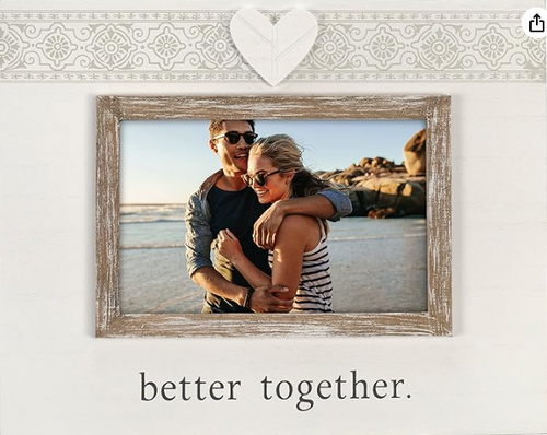 Malden International Designs 4x6 Better Together Picture Frame Better Together Sentiment White MDF Wood Frame Raised Rustic Brown Inner Wood Moulding Heart Shaped Wood