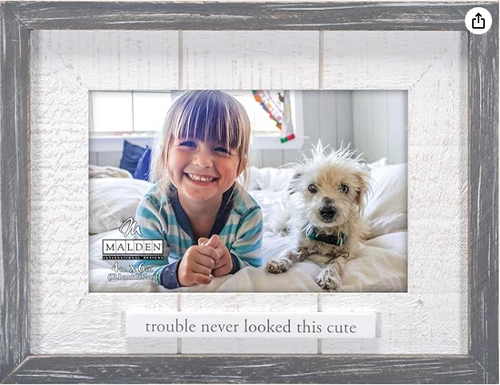 Malden International Designs 4x6 Trouble Never Looked This Cute Picture Frame Raised Dark Gray Rustic Wood Outer Moulding White Routed Rustic Wood Mat White