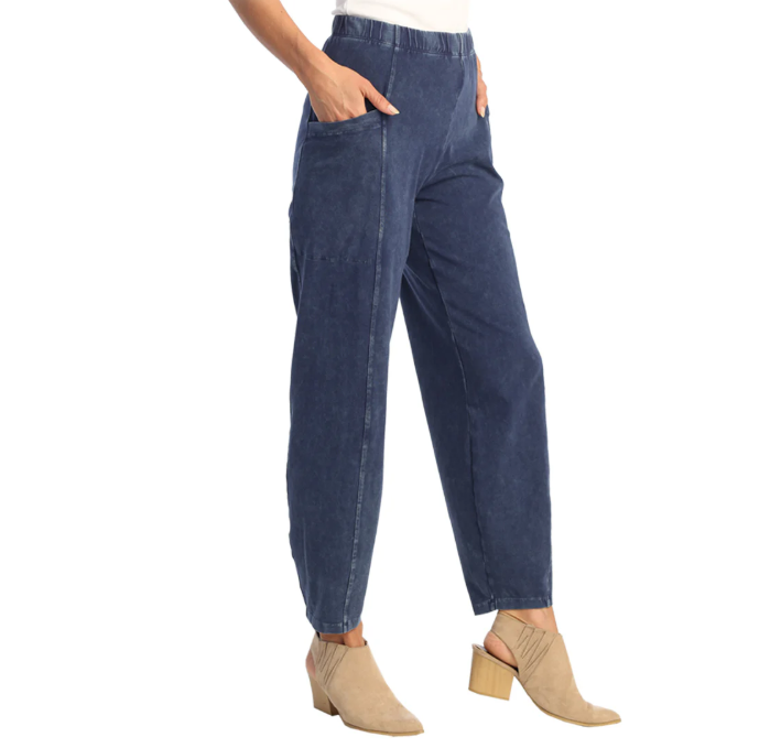 Mineral Washed Cotton Spandex Lantern Denim Pants With Side Seam Details