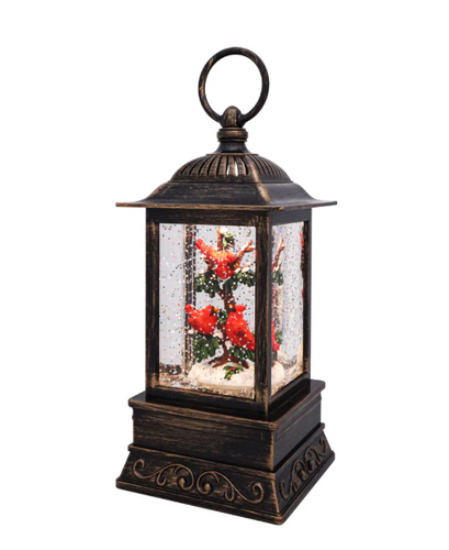 Cardinal Trio on Branch Glitter Lantern 10.5