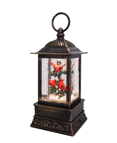 Cardinal Trio on Branch Glitter Lantern 10.5