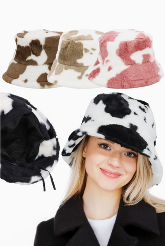 Cow Print Fluffy Faux Fur Bucket Hat *ASSORTED*