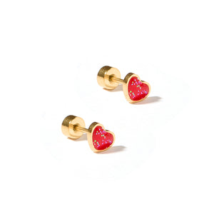 Screwback Stud Earrings - Nora Heart - Red