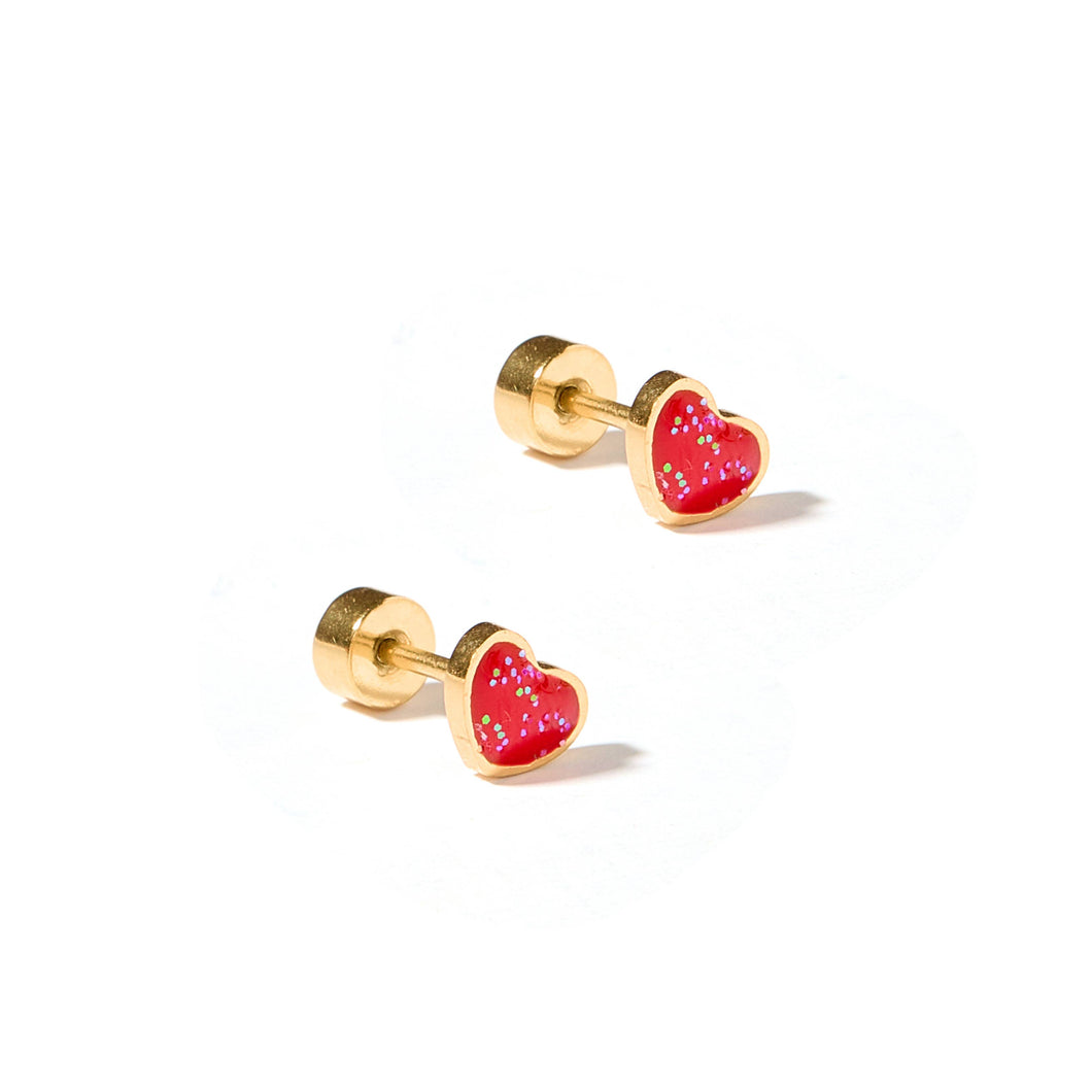 Screwback Stud Earrings - Nora Heart - Red
