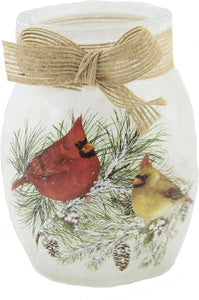 Christmas Cardinals Pre-Lit Small Jar with Ribbon