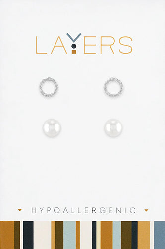 CENTER COURT LAYERS EARRING SILVER CIRCLE & PEARL STUDS Lay-ear548-s