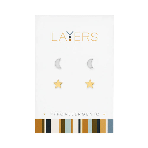 CENTER COURT LAYERS EARRING GOLD STARS & SILVER MOONS STUDS LAYEAR550S lay-ear550-s