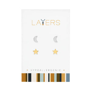 CENTER COURT LAYERS EARRING GOLD STARS & SILVER MOONS STUDS LAYEAR550S lay-ear550-s