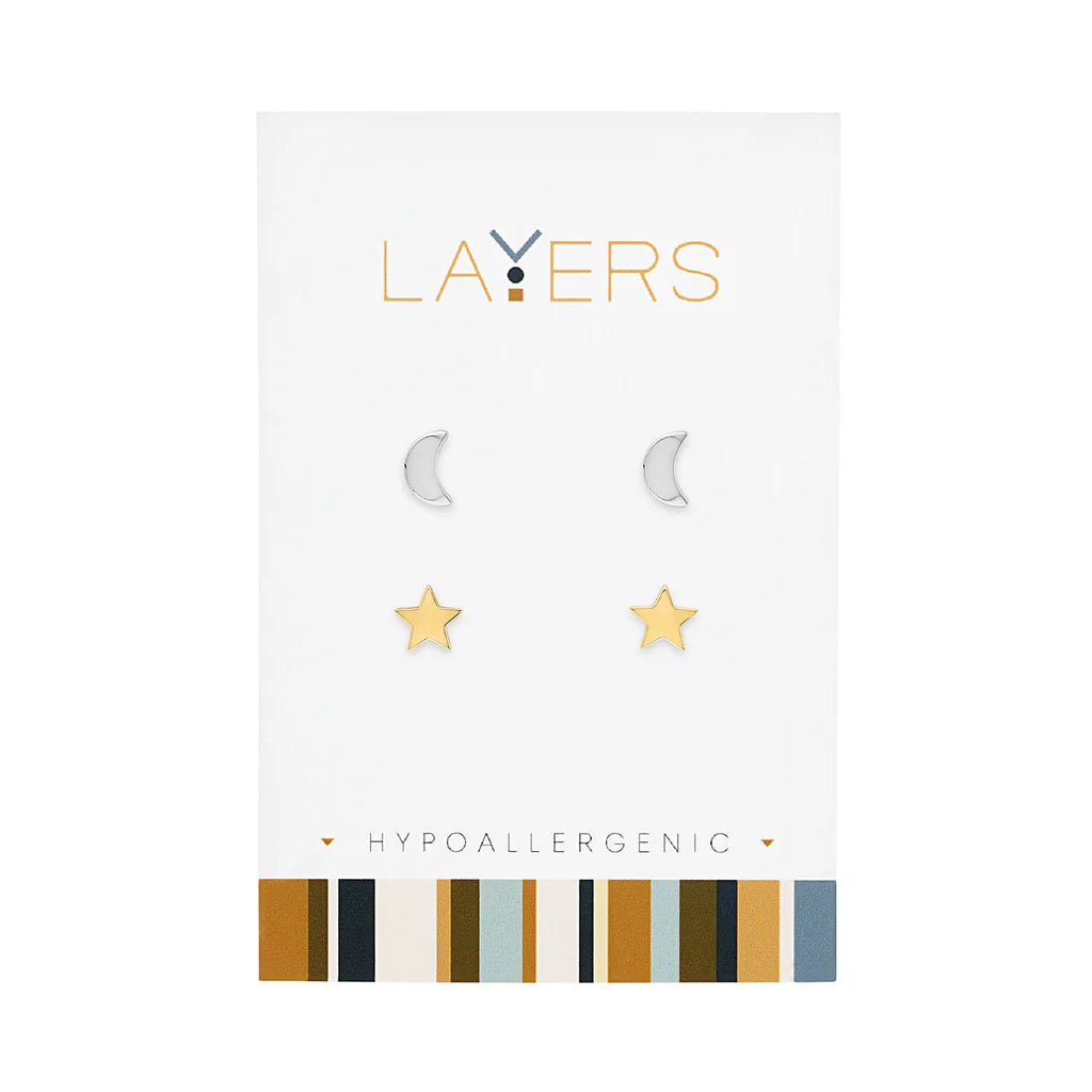 CENTER COURT LAYERS EARRING GOLD STARS & SILVER MOONS STUDS LAYEAR550S lay-ear550-s