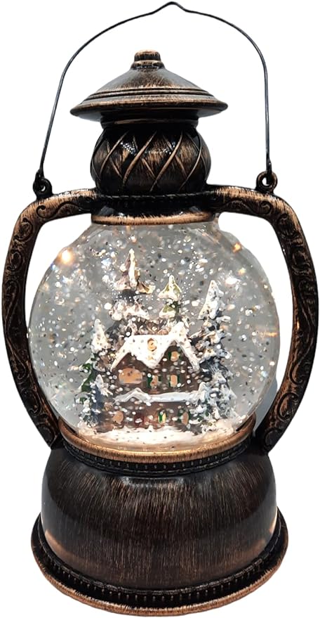 Gerson Lighted 8 Inch Christmas Water Lantern Snow Globe with Continuous Swirling Glitter- Country House church