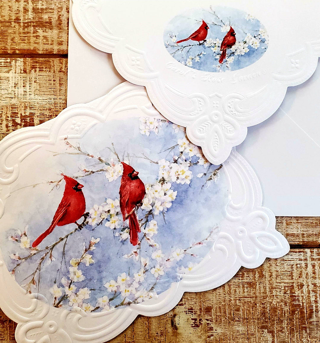 NEW! Two red cardinals embossed die-cut note card set