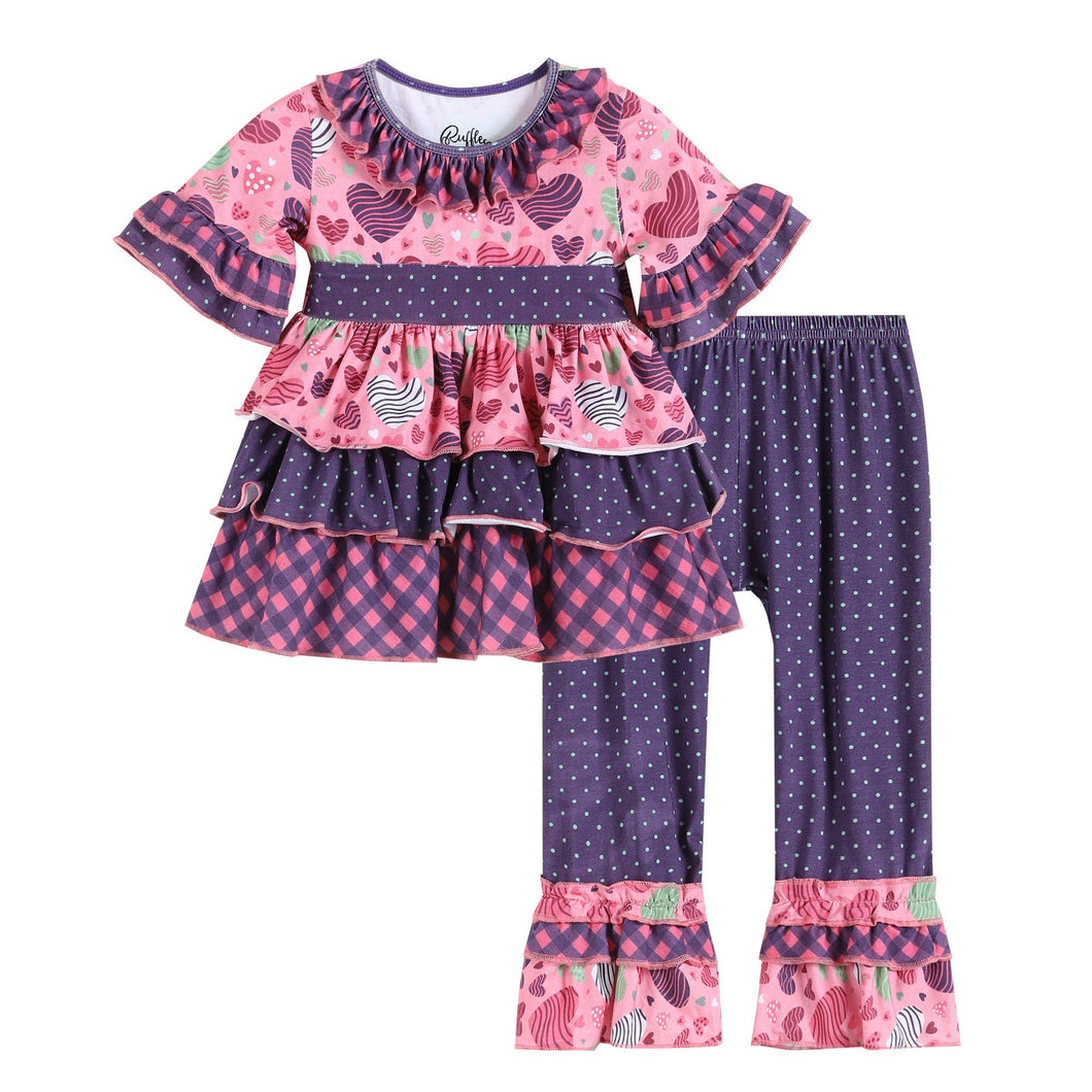 Ruffles - Purple + Pink Hearts Ruffle Dress with Capri Pants