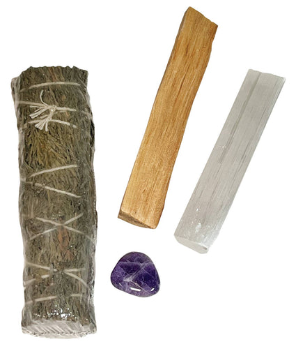 Energy Cleansing w/ Amethyst & Smudge Kit w/ Quartz Stones